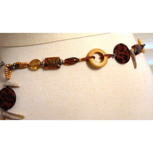 Beaded Belt Glass Acrylic Wood Chain Link Adjustable Silver Tone Leopard Vintage